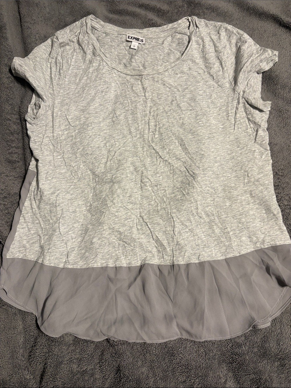Express Light Gray Short Sleeve Top with Gray Chiffon Hem